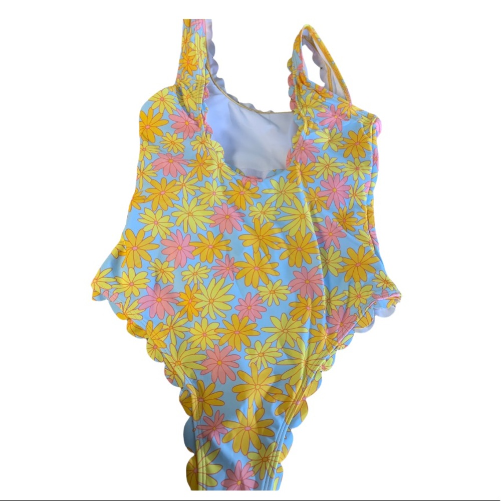 Multicolor Blue Yellow Retro Floral Scallop Hem One Piece Lined Swimsuit New - Picture 7 of 13